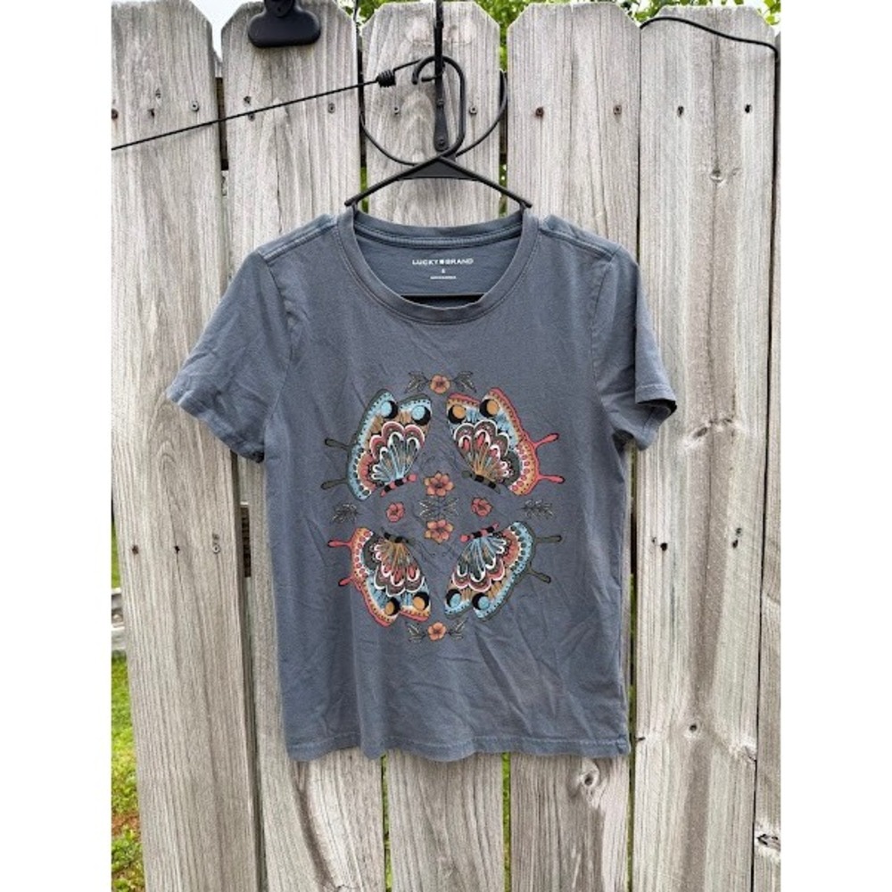 Boho Graphic Butterfly Lucky Brand T-Shirt Womens Small Gray - Picture 5 of 5